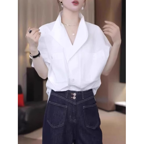 輕熟簡約風繙領白色襯衫女秋冬季大碼胖mm寬鬆顯瘦設計感純棉上衣