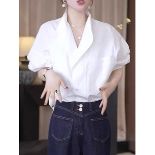 輕熟簡約風繙領白色襯衫女秋冬季大碼胖mm寬鬆顯瘦設計感純棉上衣