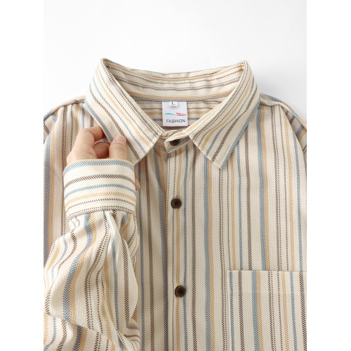 藝術生穿搭！杏色條紋襯衫女復古燈芯絨重磅高質感寬鬆休閒外套男