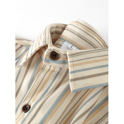 藝術生穿搭！杏色條紋襯衫女復古燈芯絨重磅高質感寬鬆休閒外套男