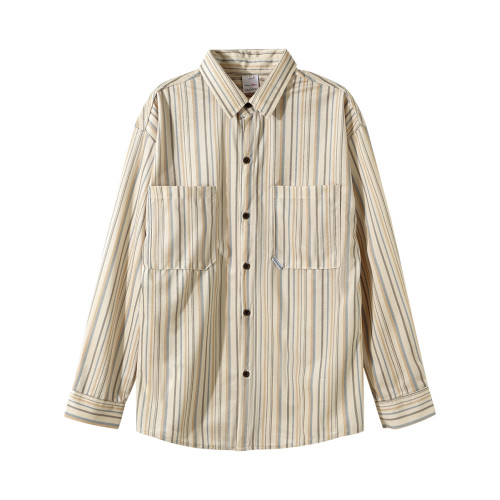 藝術生穿搭！杏色條紋襯衫女復古燈芯絨重磅高質感寬鬆休閒外套男