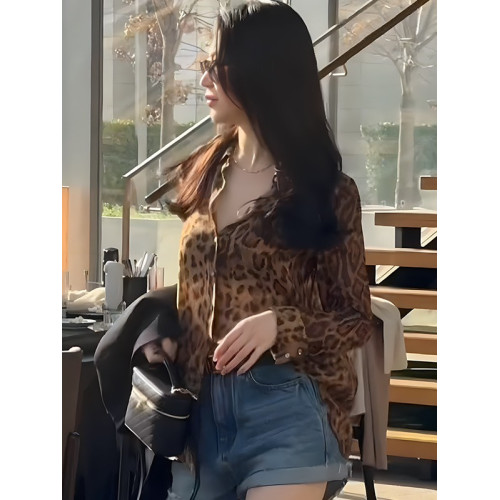 歐貨復古氣質豹紋長袖防曬襯衫女春夏薄款雪紡衫設計感寬鬆小上衣