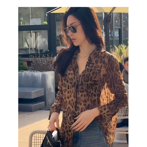 歐貨復古氣質豹紋長袖防曬襯衫女春夏薄款雪紡衫設計感寬鬆小上衣