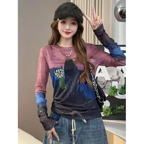 歐貨圓領紥染卡通印花長袖T恤女2025夏季新款修身顯瘦打底衫上衣