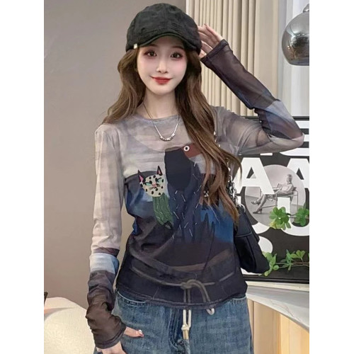 歐貨圓領紥染卡通印花長袖T恤女2025夏季新款修身顯瘦打底衫上衣