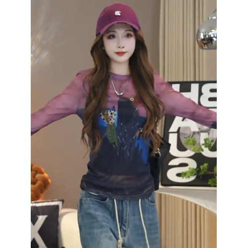 歐貨圓領紥染卡通印花長袖T恤女2025夏季新款修身顯瘦打底衫上衣