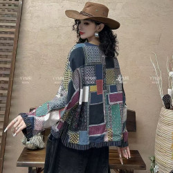 雙層民族風數碼印花圓領套頭衫大版寬鬆顯瘦時尚上衣潮L44