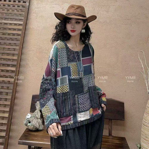 雙層民族風數碼印花圓領套頭衫大版寬鬆顯瘦時尚上衣潮L44