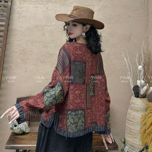 雙層民族風數碼印花圓領套頭衫大版寬鬆顯瘦時尚上衣潮L44