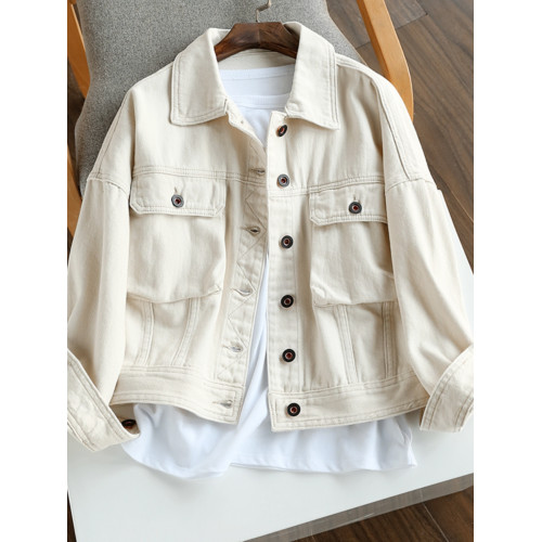 廣州十三行女裝穿搭~溫柔的奶白色~開春外套春秋薄款寬鬆牛仔夾克