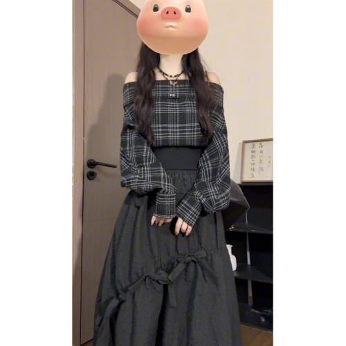 辣妹黑色格紋一字肩襯衫女秋季慵懶風簡約設計感氣質收腰長袖上衣