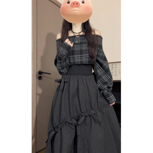 辣妹黑色格紋一字肩襯衫女秋季慵懶風簡約設計感氣質收腰長袖上衣