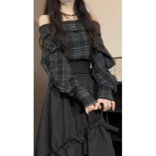 辣妹黑色格紋一字肩襯衫女秋季慵懶風簡約設計感氣質收腰長袖上衣