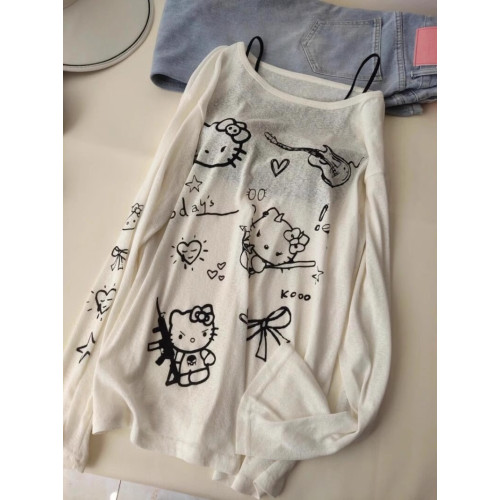 日系可愛減齡KT貓咪印花防曬衫女夏季薄款設計感小個子罩衫上衣潮