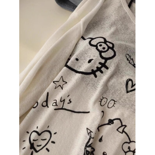 日系可愛減齡KT貓咪印花防曬衫女夏季薄款設計感小個子罩衫上衣潮