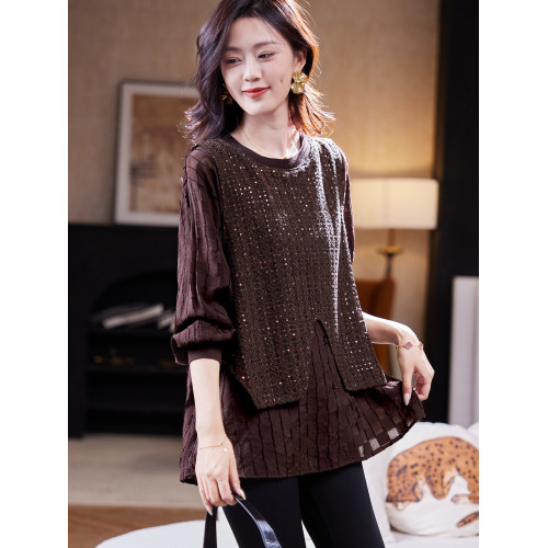 寶詩黎假兩件亮片拼接襯衫2026春季洋氣休閒寬鬆大碼長袖襯衣女