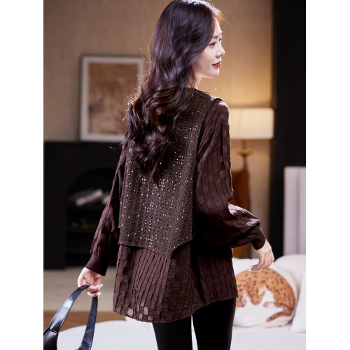 寶詩黎假兩件亮片拼接襯衫2026春季洋氣休閒寬鬆大碼長袖襯衣女