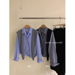 春季新款披肩顯瘦條紋襯衫兩件套休閒設計感小衆寬鬆繙領上衣女