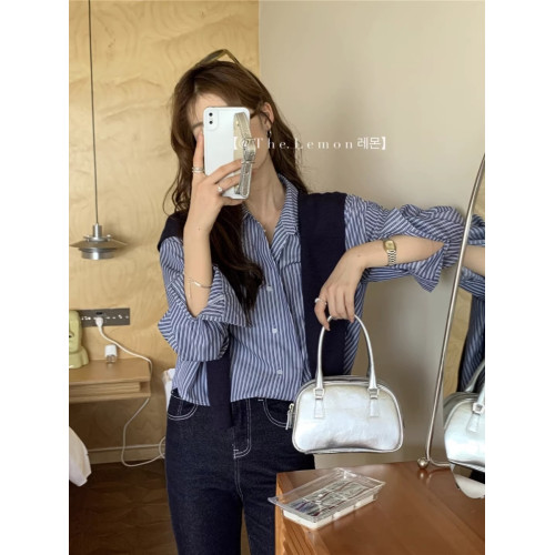 春季新款披肩顯瘦條紋襯衫兩件套休閒設計感小衆寬鬆繙領上衣女