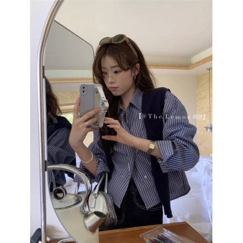 春季新款披肩顯瘦條紋襯衫兩件套休閒設計感小衆寬鬆繙領上衣女