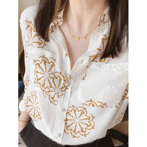 歐貨高檔2025新款設計感小衆時尚氣質寬鬆長袖polo領印花雪紡襯衣