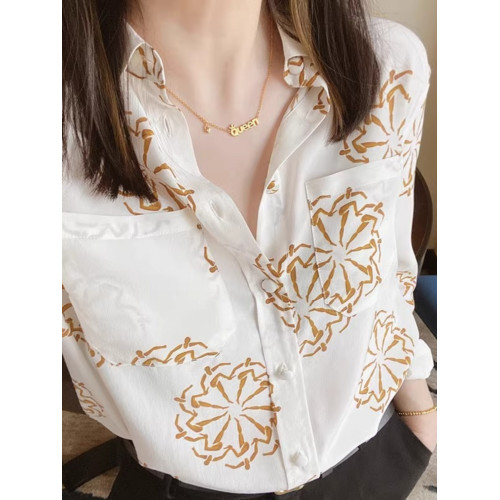 歐貨高檔2025新款設計感小衆時尚氣質寬鬆長袖polo領印花雪紡襯衣