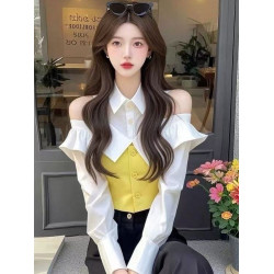 小香風黃色假兩件襯衫2025年早春獨特漂亮收腰打底上衣爆款超好看