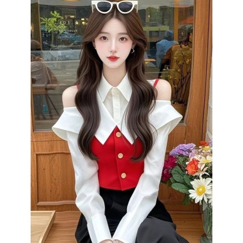 小香風黃色假兩件襯衫2025年早春獨特漂亮收腰打底上衣爆款超好看