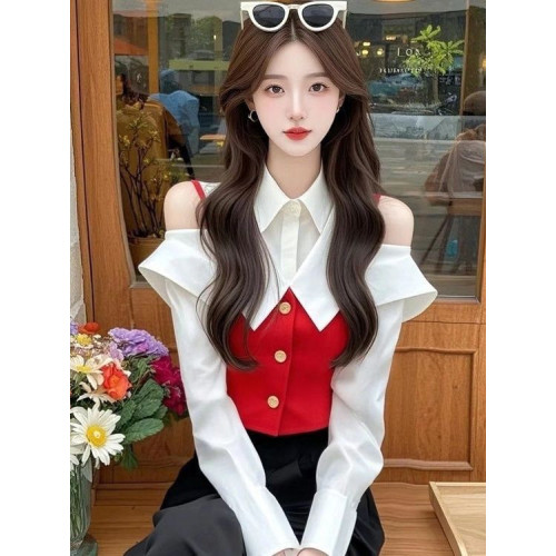 小香風黃色假兩件襯衫2025年早春獨特漂亮收腰打底上衣爆款超好看