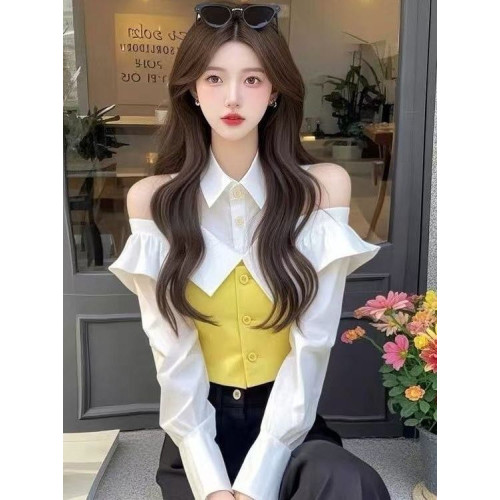 小香風黃色假兩件襯衫2025年早春獨特漂亮收腰打底上衣爆款超好看