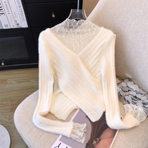 專櫃撤廻剪標假兩件長袖拼接蕾絲針織衫女秋冬別致喇叭袖短款上衣