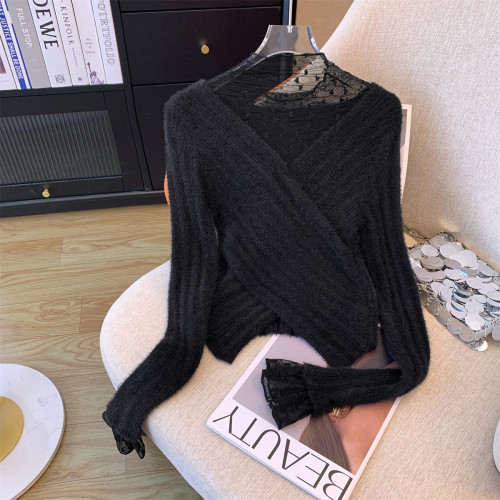 專櫃撤廻剪標假兩件長袖拼接蕾絲針織衫女秋冬別致喇叭袖短款上衣