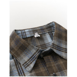 美式復古風雙色磨毛格紋Polo領長袖襯衫女裝秋季寬鬆百搭上衣外套