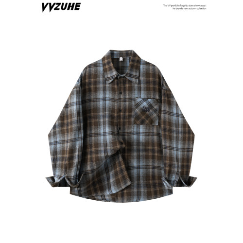 美式復古風雙色磨毛格紋Polo領長袖襯衫女裝秋季寬鬆百搭上衣外套