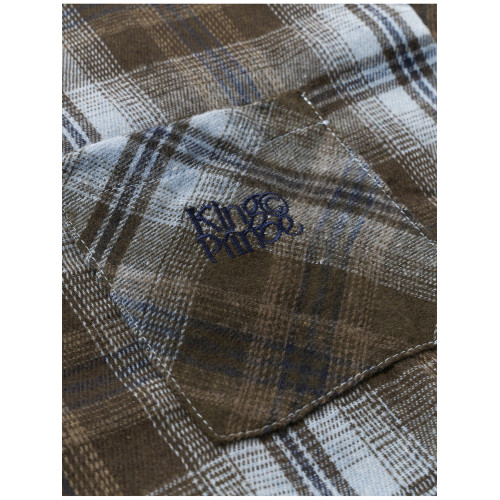 美式復古風雙色磨毛格紋Polo領長袖襯衫女裝秋季寬鬆百搭上衣外套