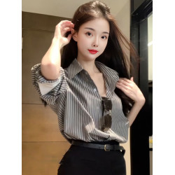 法式復古條紋防曬襯衫女2025春夏新款設計感時尚寬鬆顯瘦薄款上衣