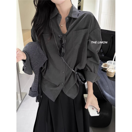 法式通勤高級霧面感長袖灰色襯衫秋冬女士雙口袋小衆上衣曡穿襯衣