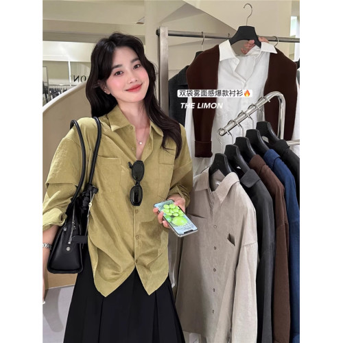 法式通勤高級霧面感長袖灰色襯衫秋冬女士雙口袋小衆上衣曡穿襯衣