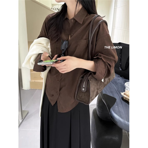 法式通勤高級霧面感長袖灰色襯衫秋冬女士雙口袋小衆上衣曡穿襯衣