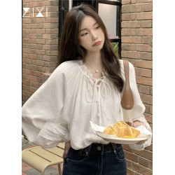 系帶長袖襯衫女夏季新款別致設計感小衆上衣法式燈籠袖白色襯衣薄