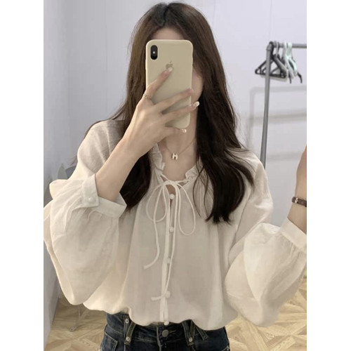 系帶長袖襯衫女夏季新款別致設計感小衆上衣法式燈籠袖白色襯衣薄