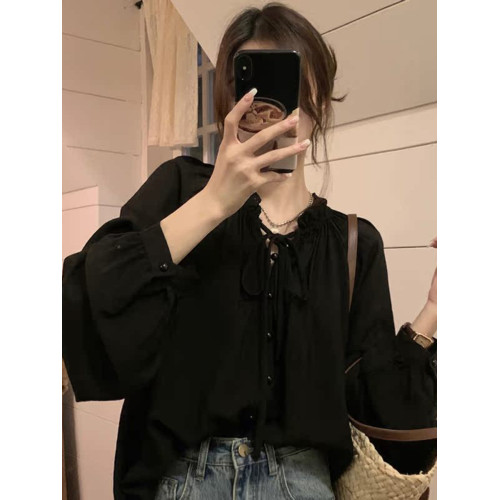 系帶長袖襯衫女夏季新款別致設計感小衆上衣法式燈籠袖白色襯衣薄