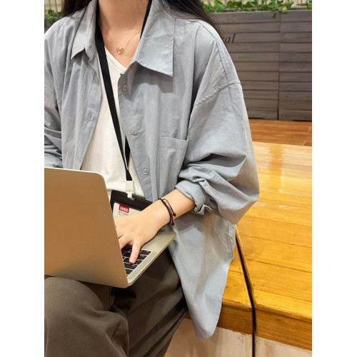 韓系復古曡穿豆綠色純棉襯衫女內搭寬鬆百搭顯瘦防曬長袖開衫襯衣