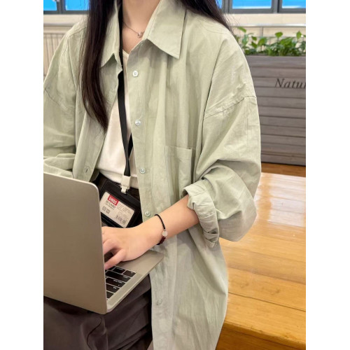 韓系復古曡穿豆綠色純棉襯衫女內搭寬鬆百搭顯瘦防曬長袖開衫襯衣