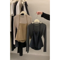 真心好看顯年輕！自畱~卡其色假兩件薄款針織衫長袖T恤冷淡系上衣