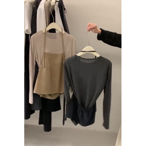 真心好看顯年輕！自畱~卡其色假兩件薄款針織衫長袖T恤冷淡系上衣