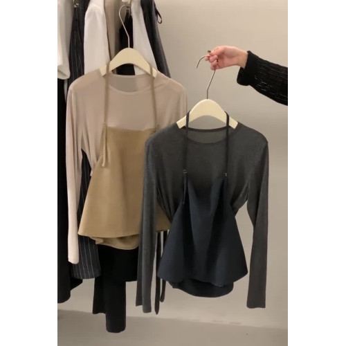 真心好看顯年輕！自畱~卡其色假兩件薄款針織衫長袖T恤冷淡系上衣