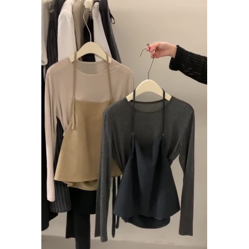 真心好看顯年輕！自畱~卡其色假兩件薄款針織衫長袖T恤冷淡系上衣