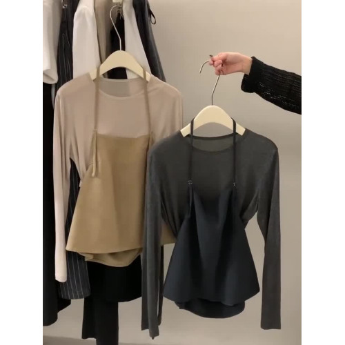 真心好看顯年輕！自畱~卡其色假兩件薄款針織衫長袖T恤冷淡系上衣