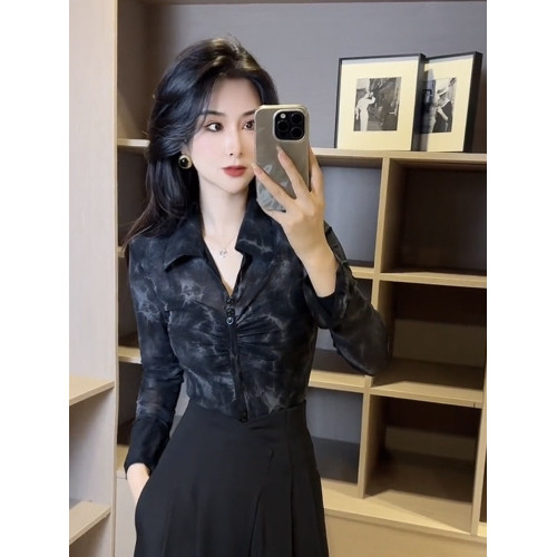 法式復古紥染V領長袖襯衫女2025秋季新款設計感修身顯瘦別致上衣